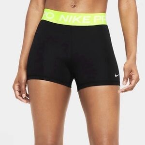 Nike Pro Tight Fit Mid Rise Women's Black Shorts with Neon Green Waistband